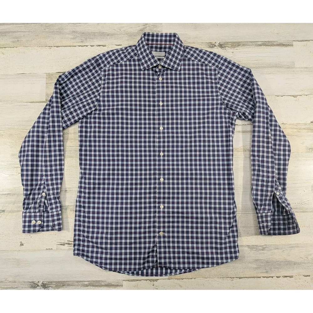 Eton Mens 41 16 Contemporary Plaid Button Up Dress Shirt Navy White Long Sleeve